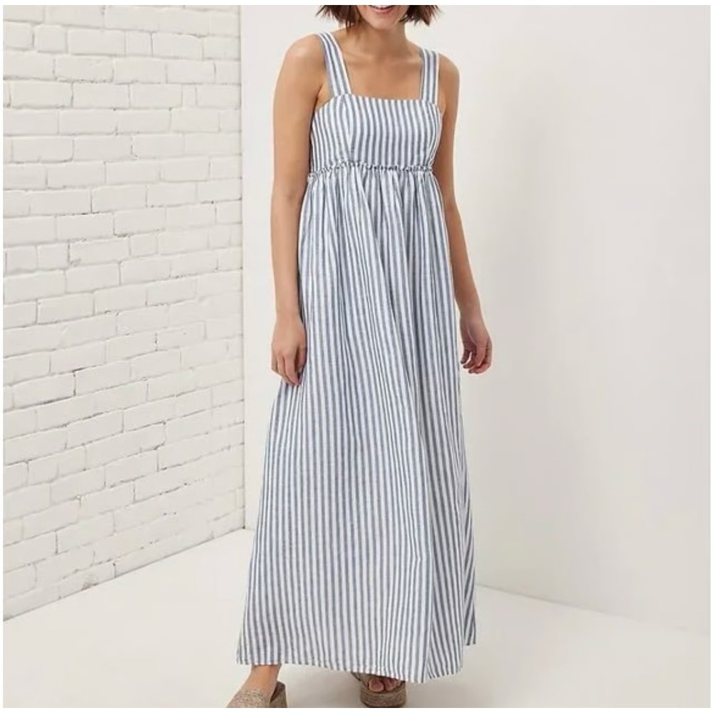 UpWest Striped Summer Linen Cotton Maxi Dress XL Blue White Square Neck Tiered